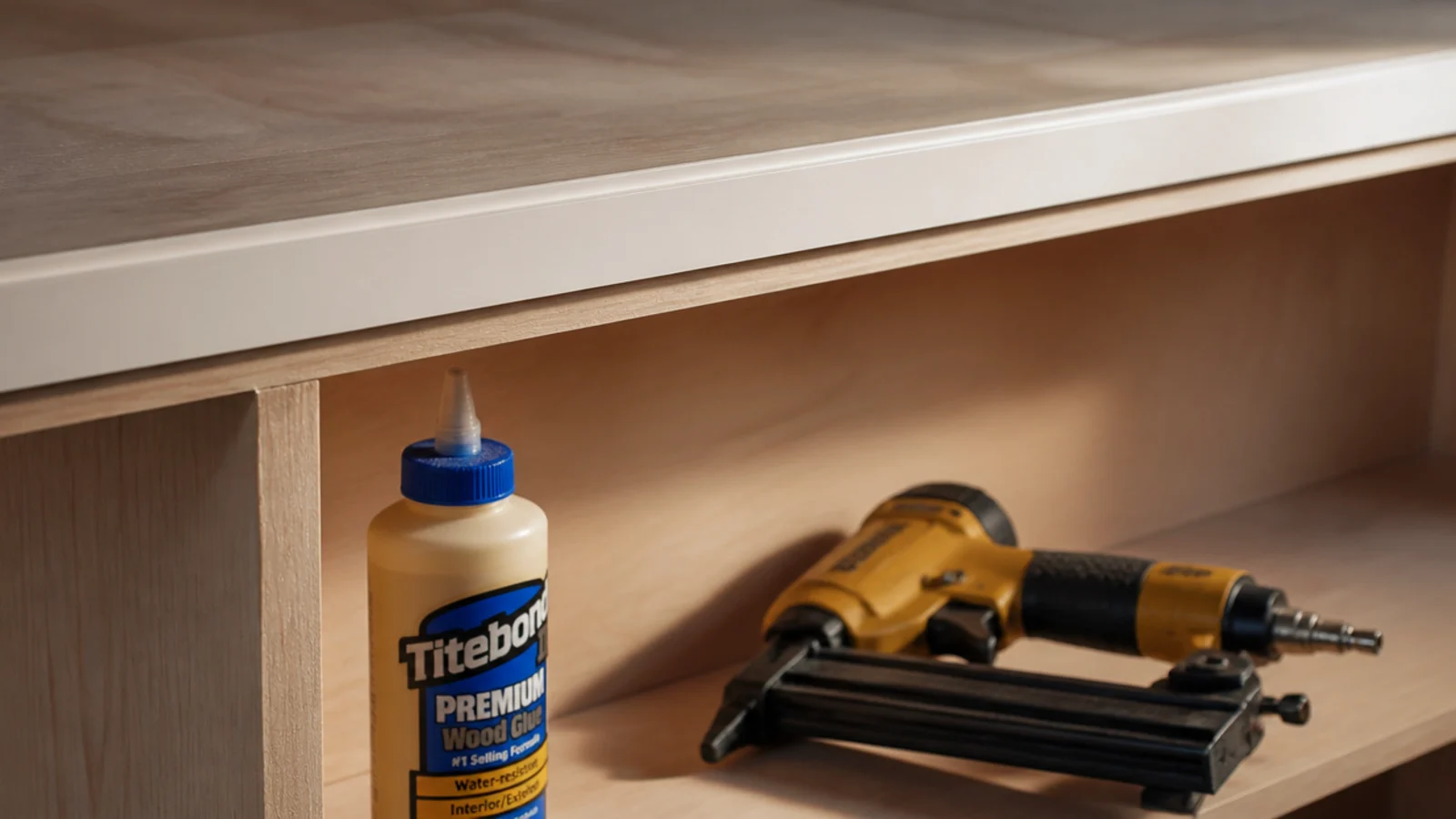 slim face frame stock fitted across the front edges of built-in shelves