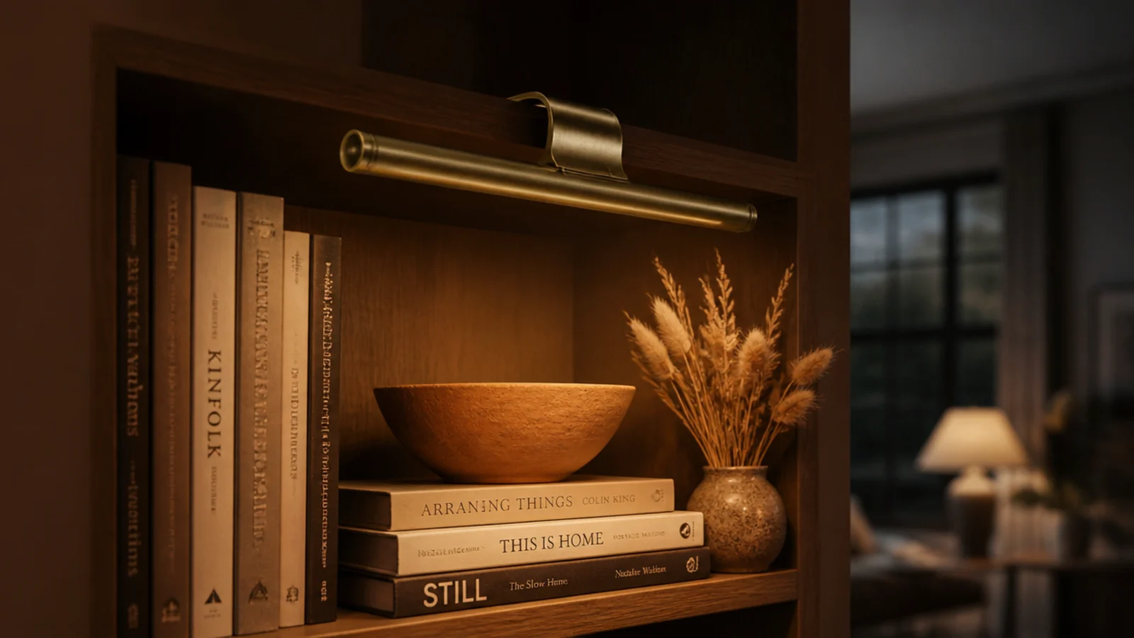 brass rechargeable picture light lighting styled built-in shelves at dusk