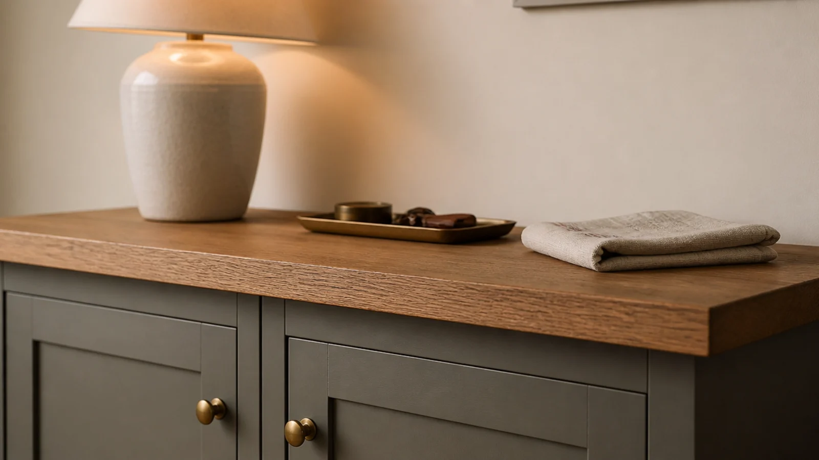 oak worktop offcut fitted as a counter across living room built-in cabinets