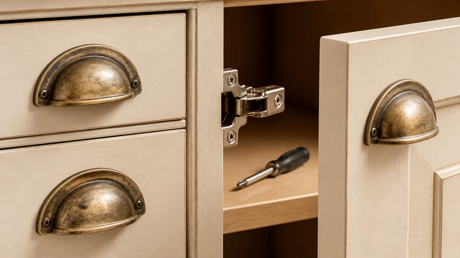 aged brass cup pulls and soft close hinges fitted to built-in cabinet doors