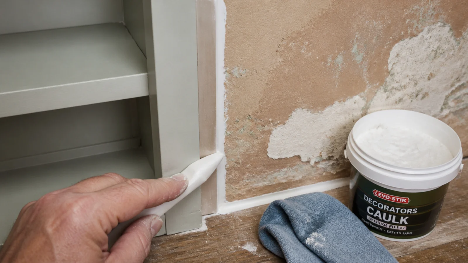caulk and filler closing the last gaps around finished built-in shelving