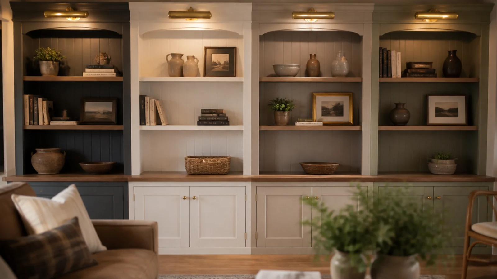 living room built-in shelf styling picks arranged together with books and pottery