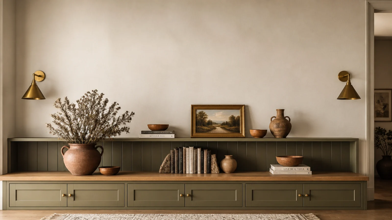 vertical view of styled living room built-in shelves with the best finishing picks
