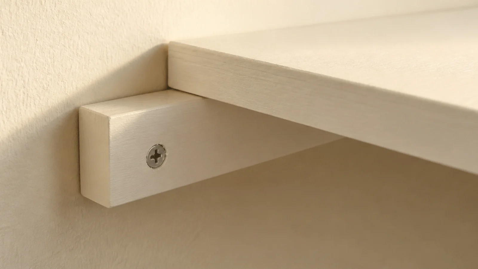 painted wooden cleats supporting plain shelf boards across a living room alcove
