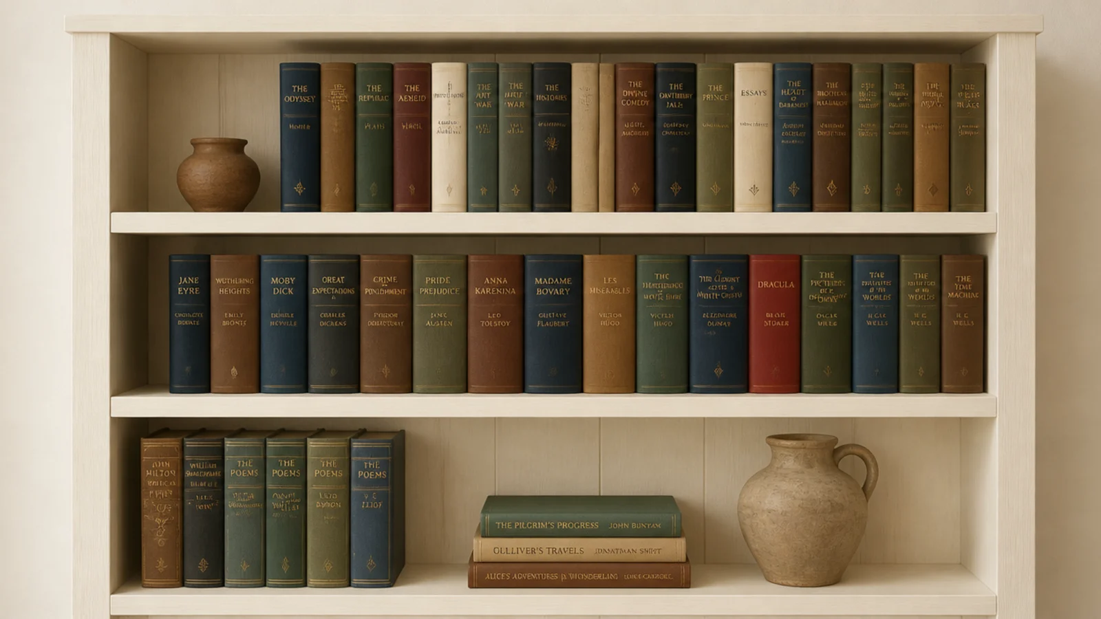 stock pine boards forming budget built-in shelves loaded with books