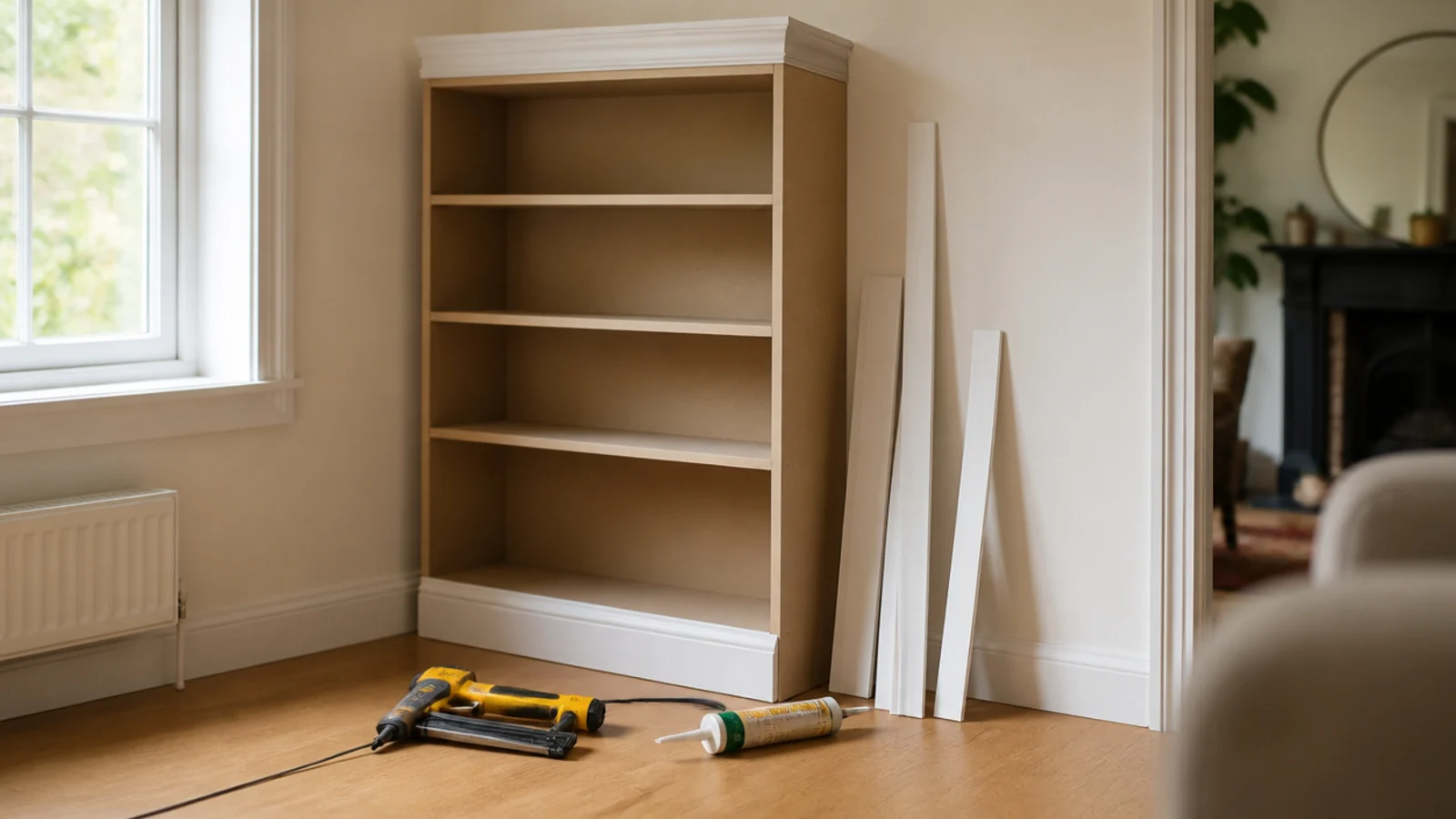 flat-pack bookcase being converted into a built-in with added trim pieces