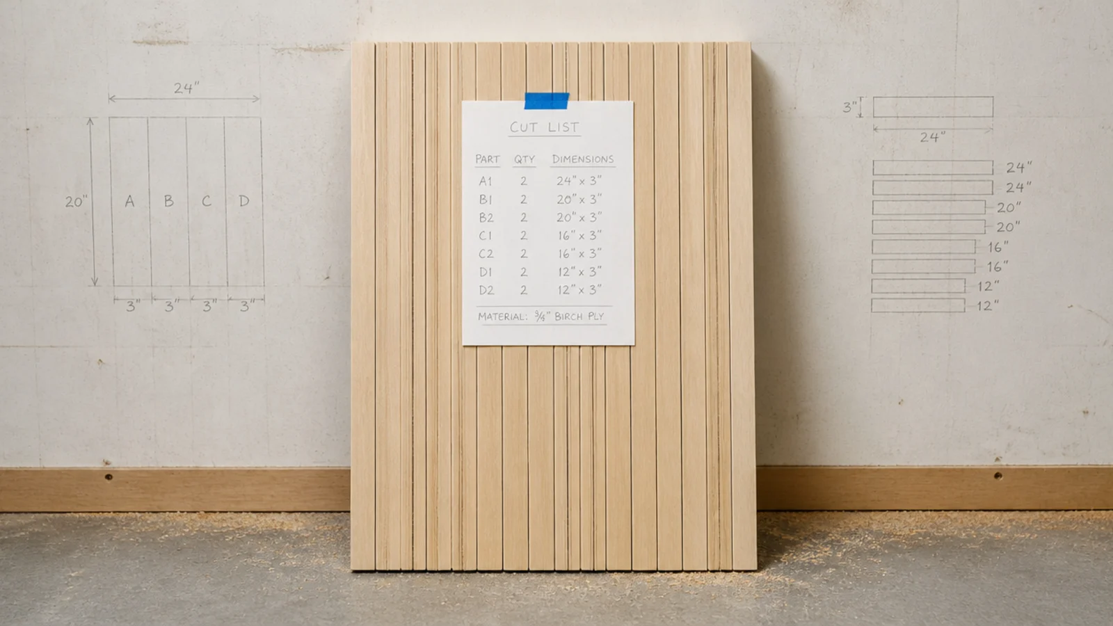 plywood sheets cut to shelf width for a budget living room built-in project