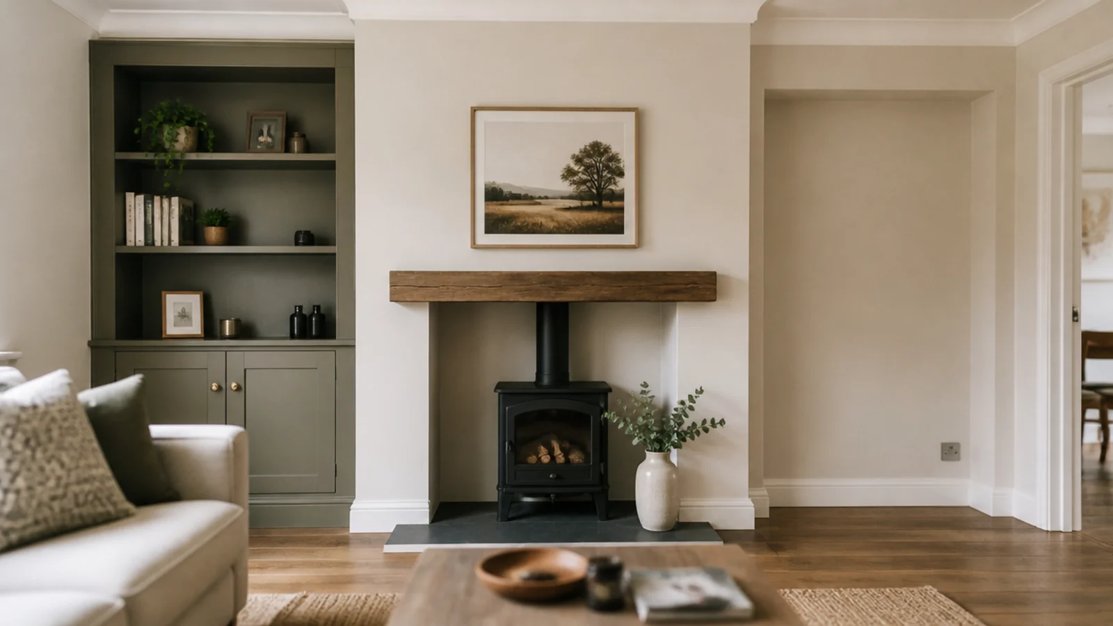 single alcove of built-in shelves beside an untouched living room wall