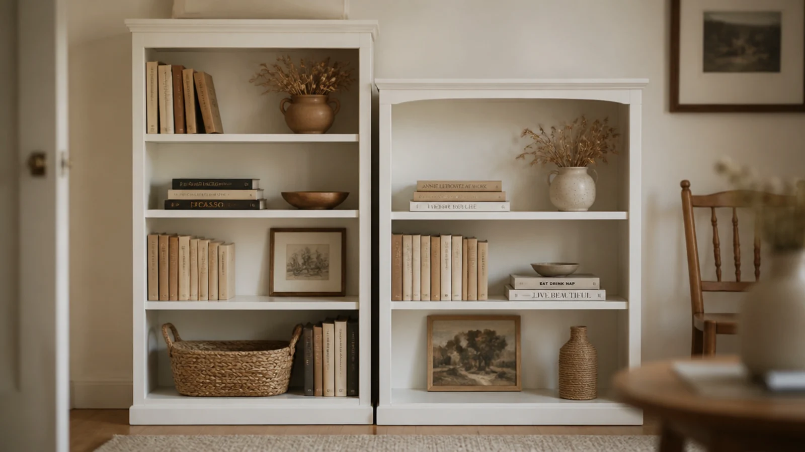 two mismatched thrifted bookcases painted one color to form built-ins