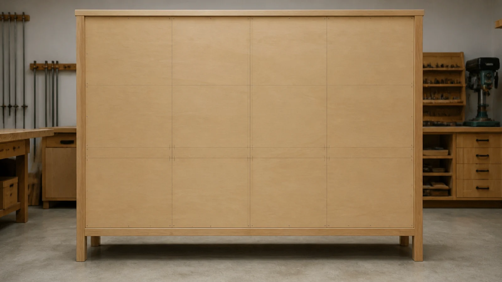 thin plywood back panel fitted behind budget living room built-in shelves