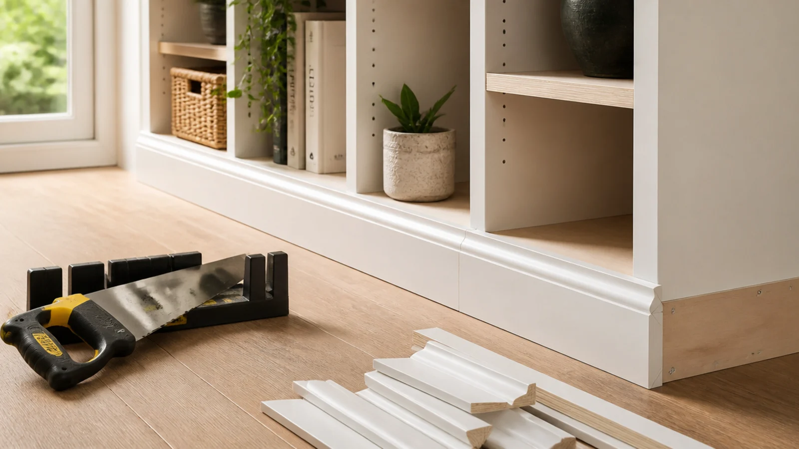 pre-primed white trim boards applied to a budget built-in shelf run