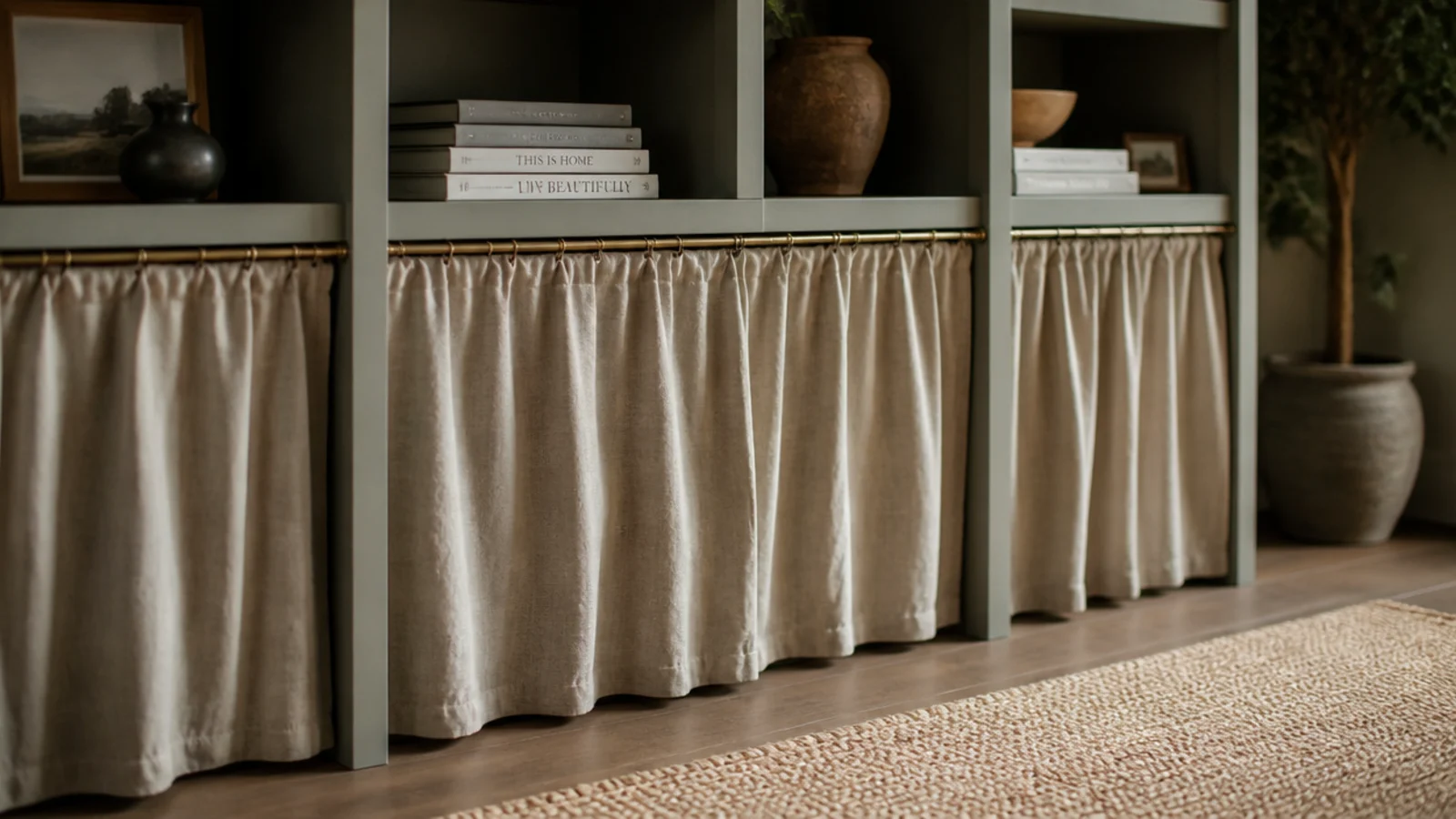 linen curtain closing off the lower bays of budget built-in shelves