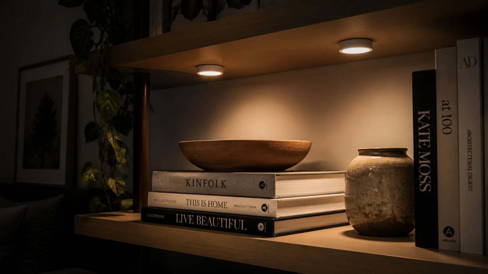 warm battery puck lights glowing under budget built-in shelving at night