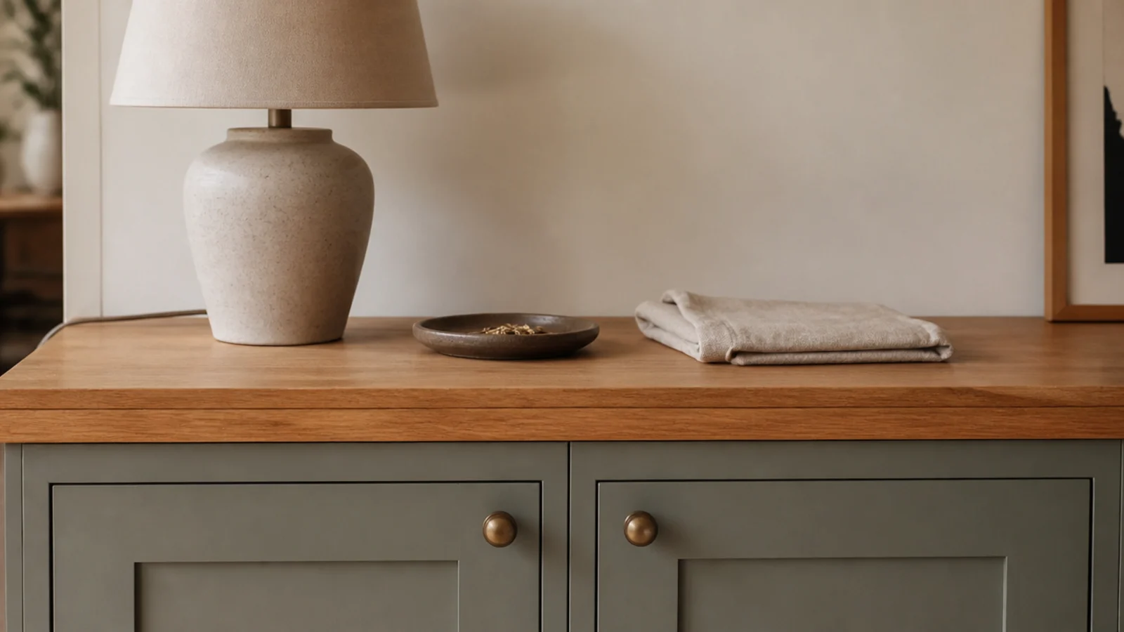 oak worktop offcut used as a counter across budget living room built-ins