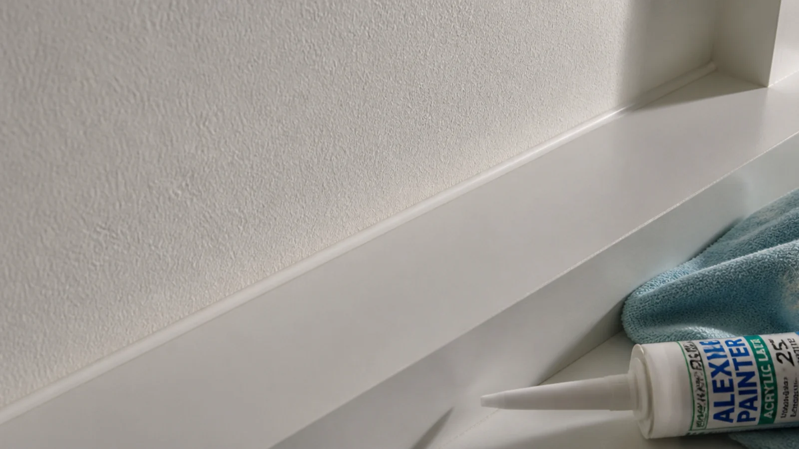 caulk line closing the gap between painted built-in shelves and the wall