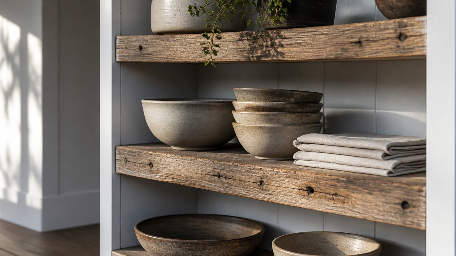 reclaimed timber boards used as open shelves inside painted built-ins