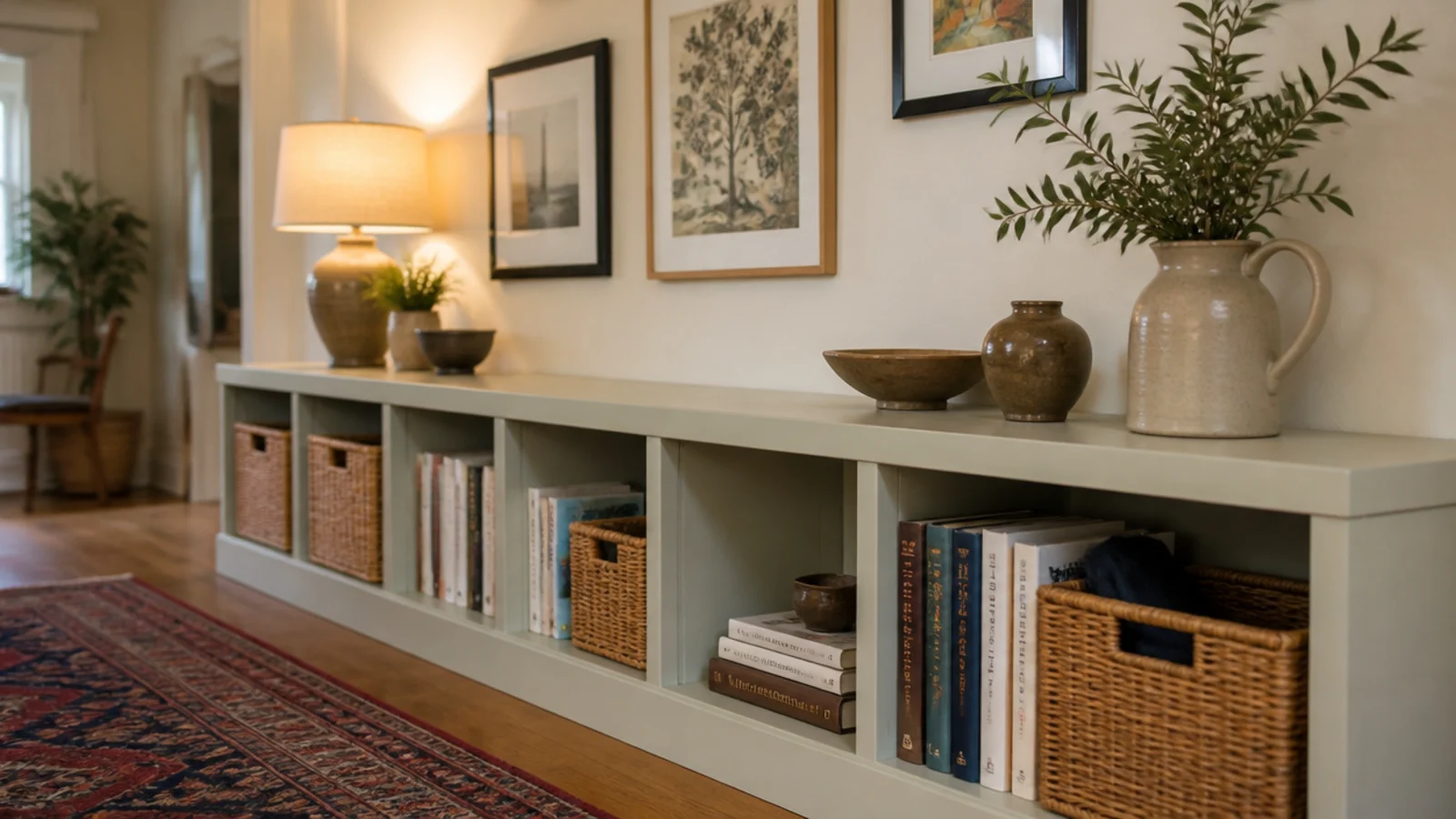 half height budget built-in shelving running along a living room wall