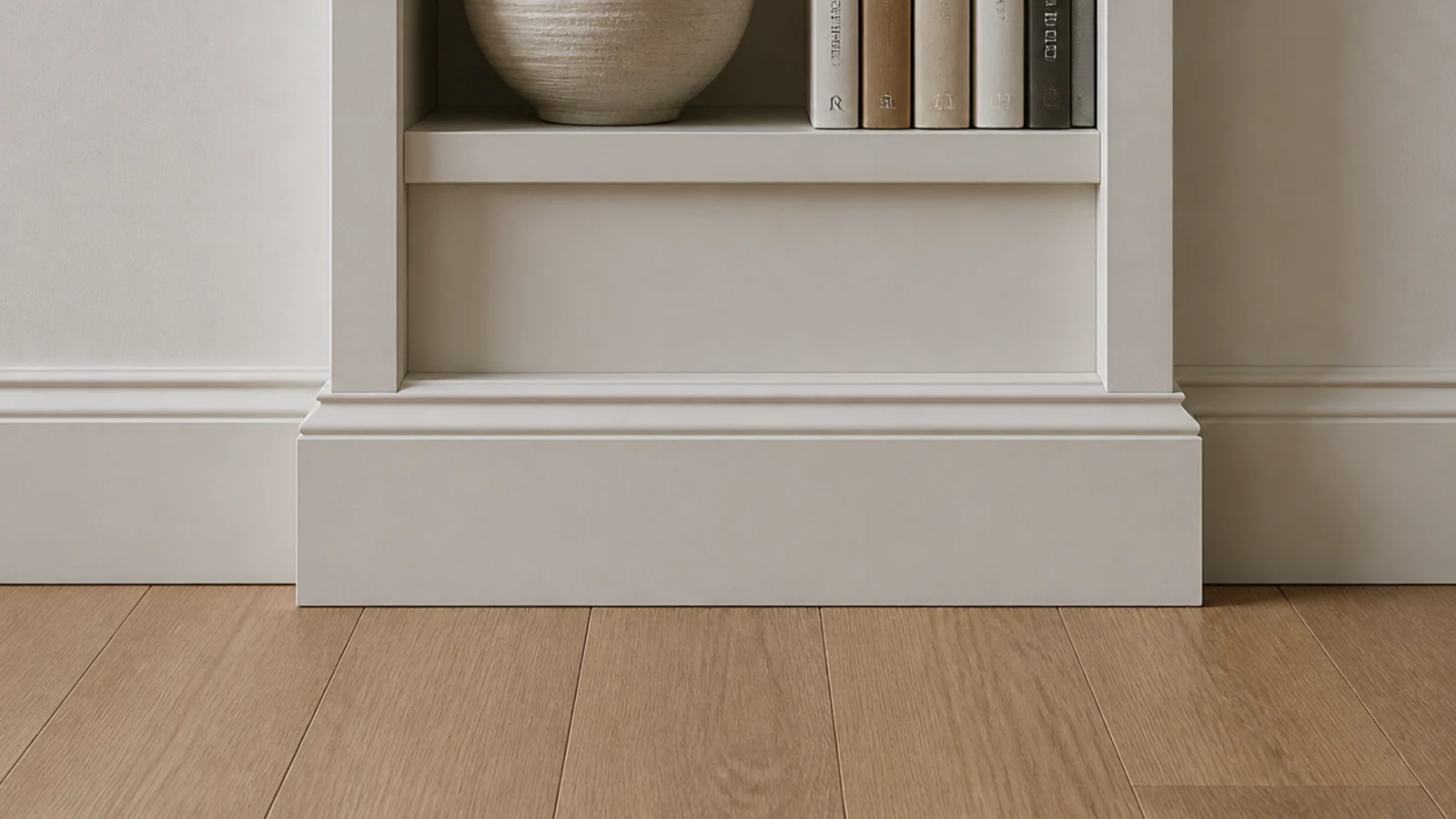 existing room baseboard continuing across the base of new built-in shelves