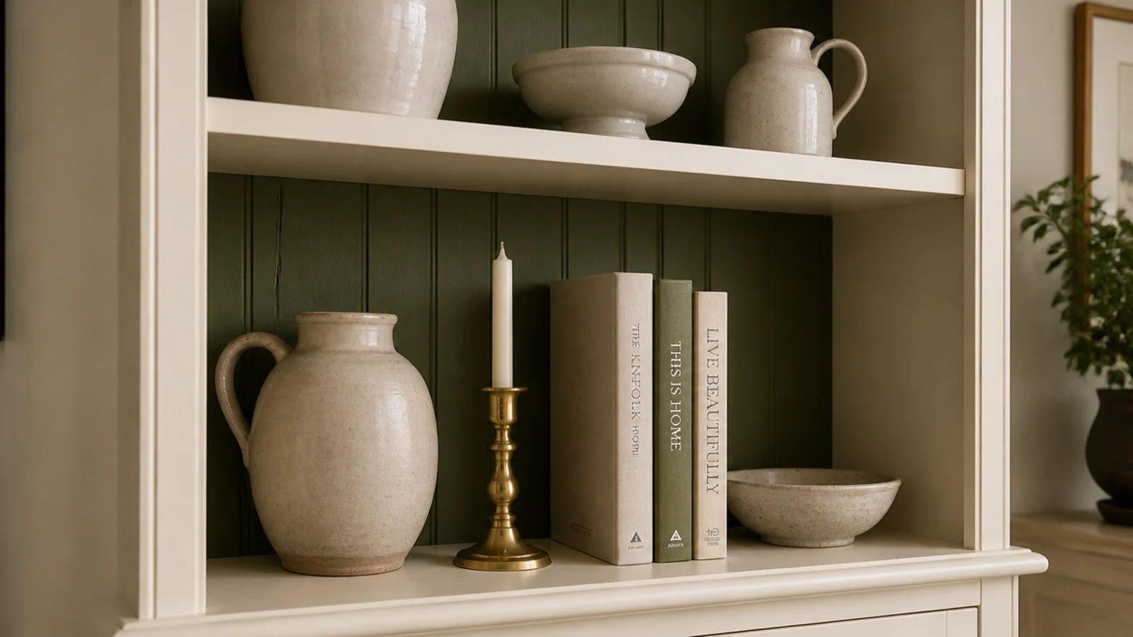 deep olive painted back panel behind cream built in bookshelves and pottery
