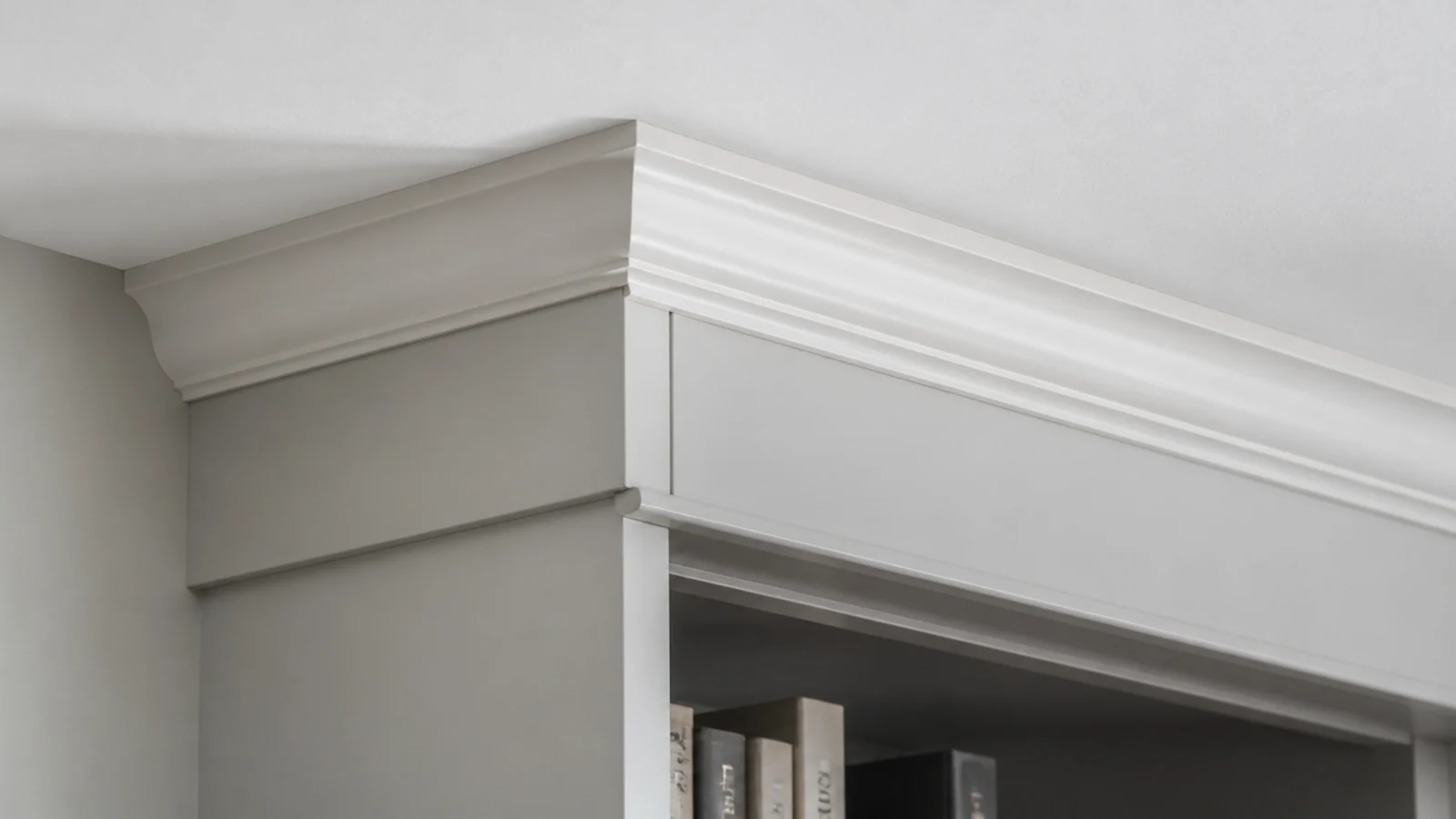 crown molding closing the gap where built in shelves meet the ceiling