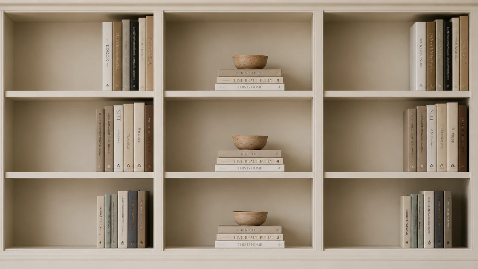 books grouped by height across open built in bookshelves in a living room