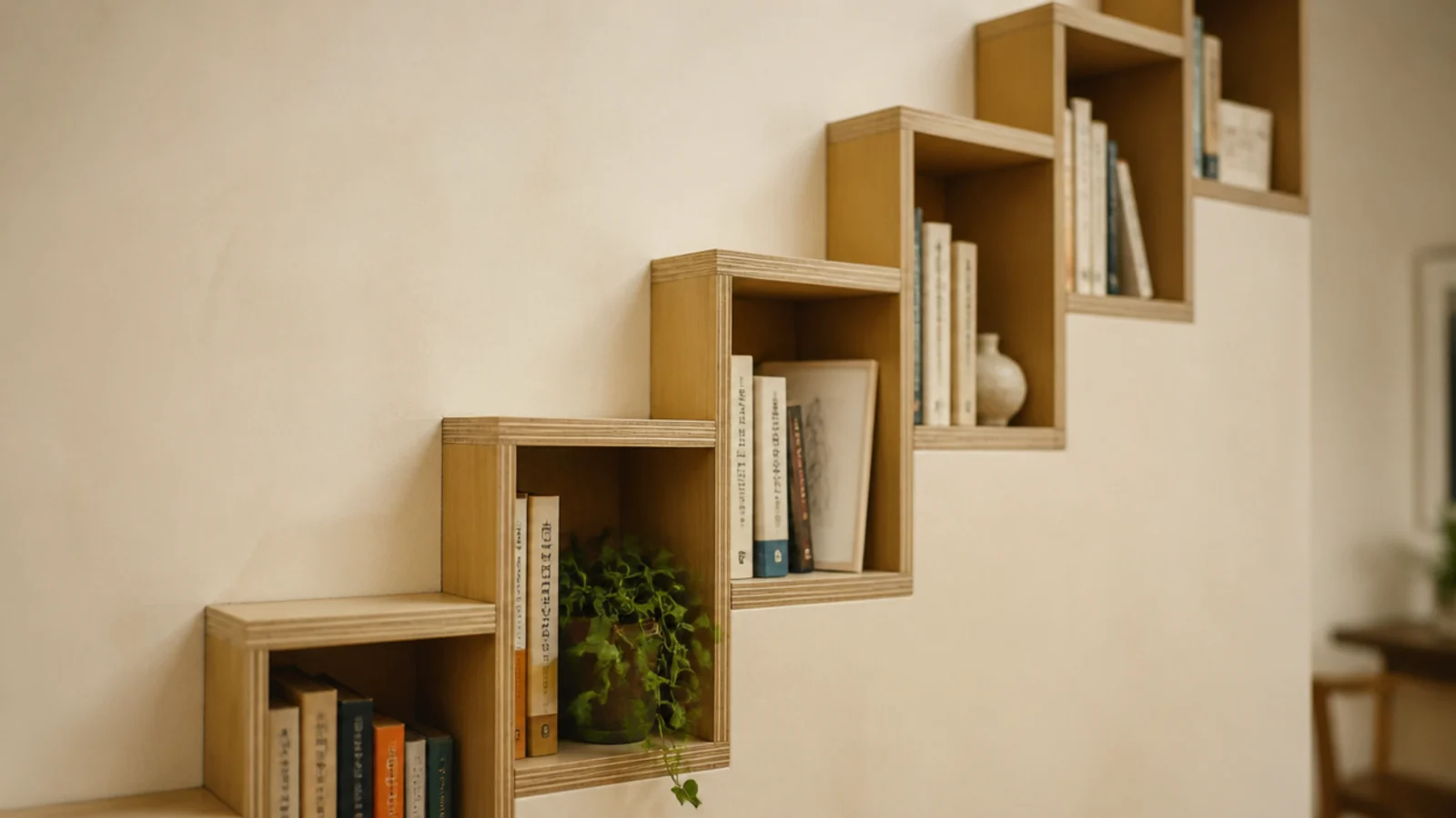 stepped plywood shelves following the rake of a staircase in a living room