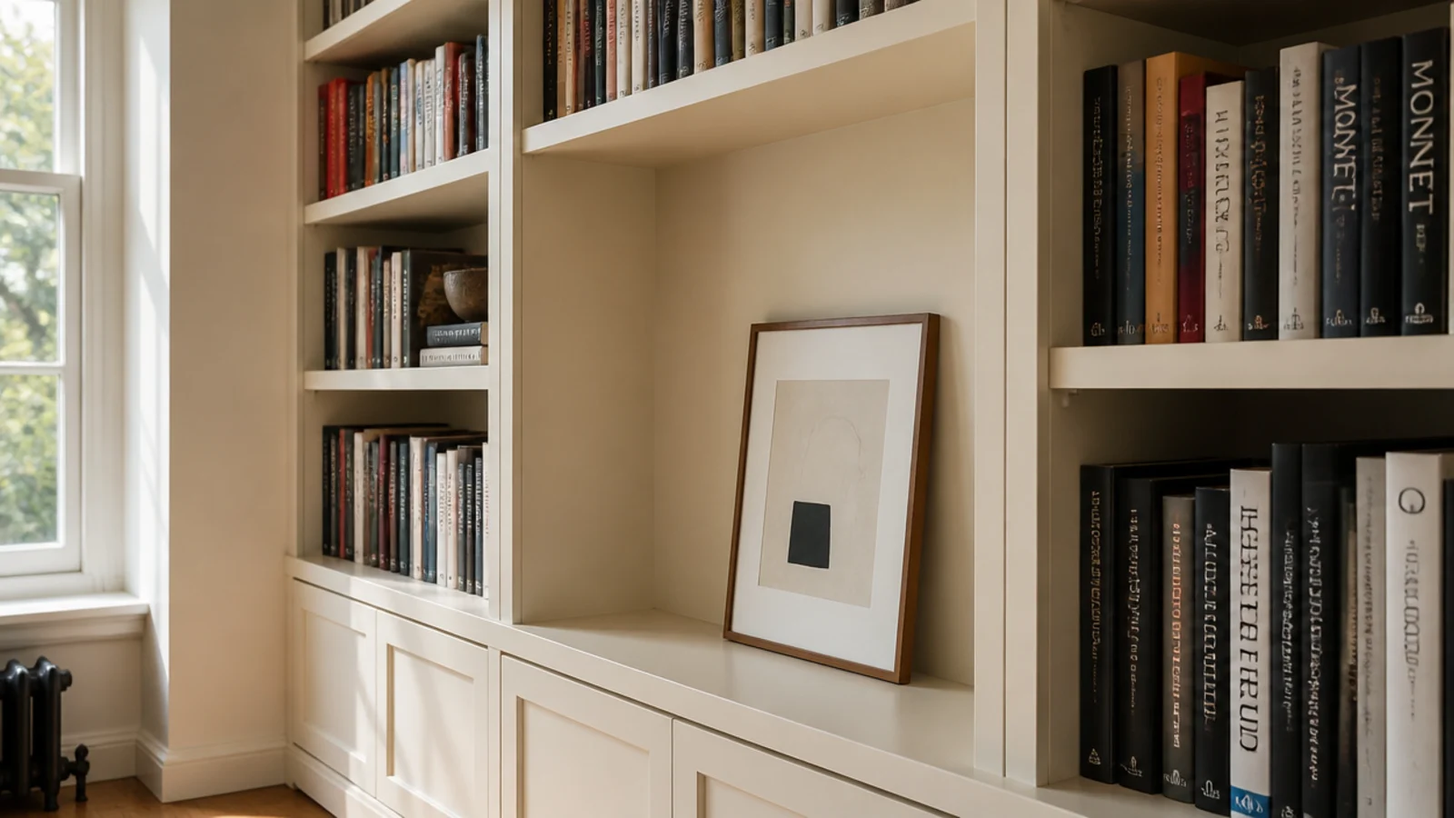 empty bay in living room built-ins holding one leaning framed artwork