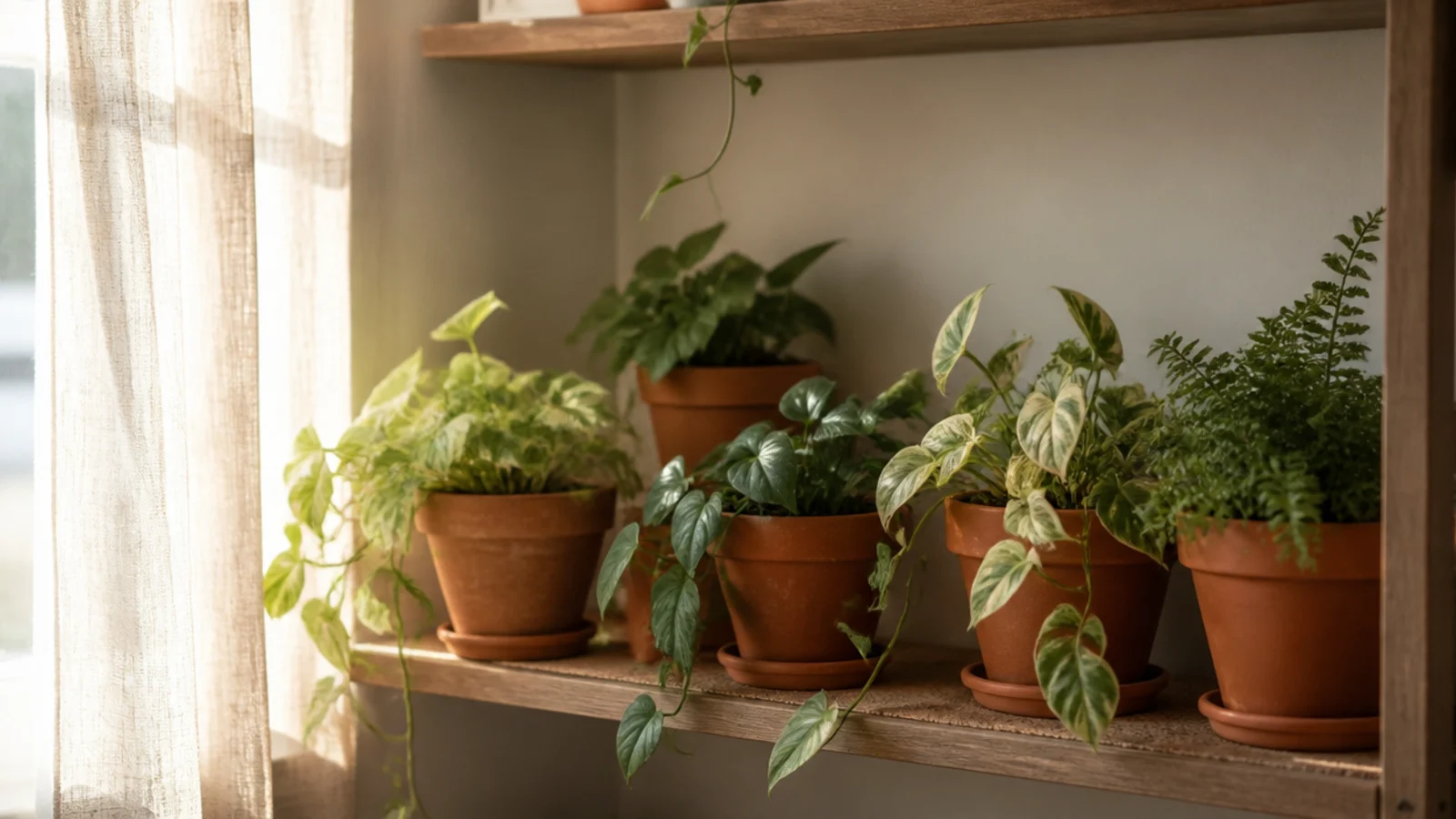 sunlit bay of living room built in shelves filled with potted plants