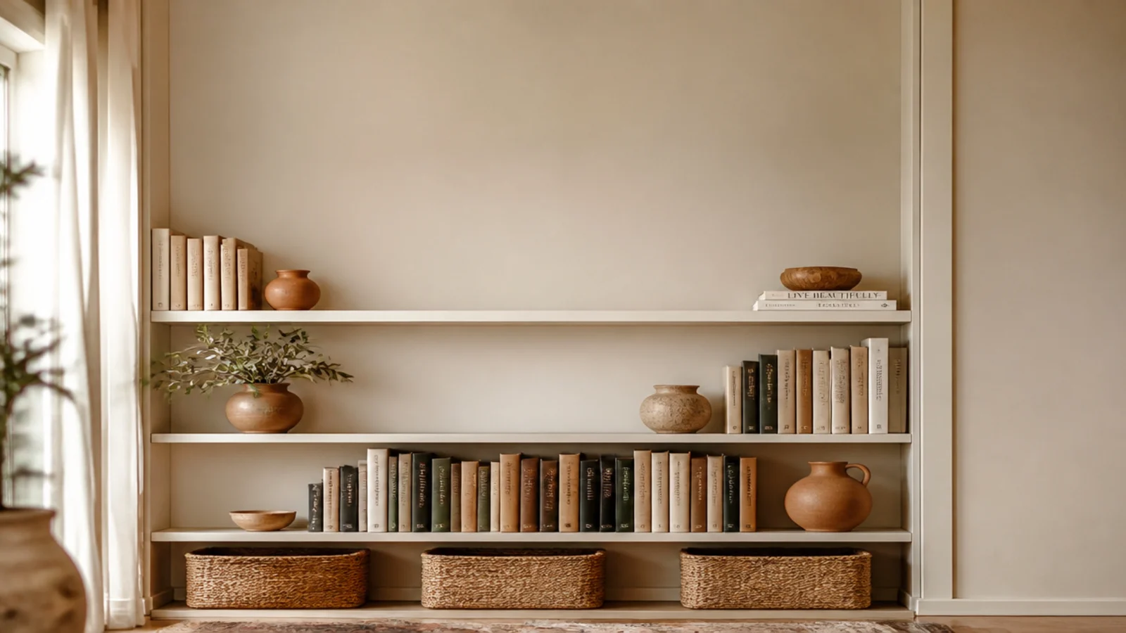 vertical view of budget built in bookshelves styled with books pottery and baskets