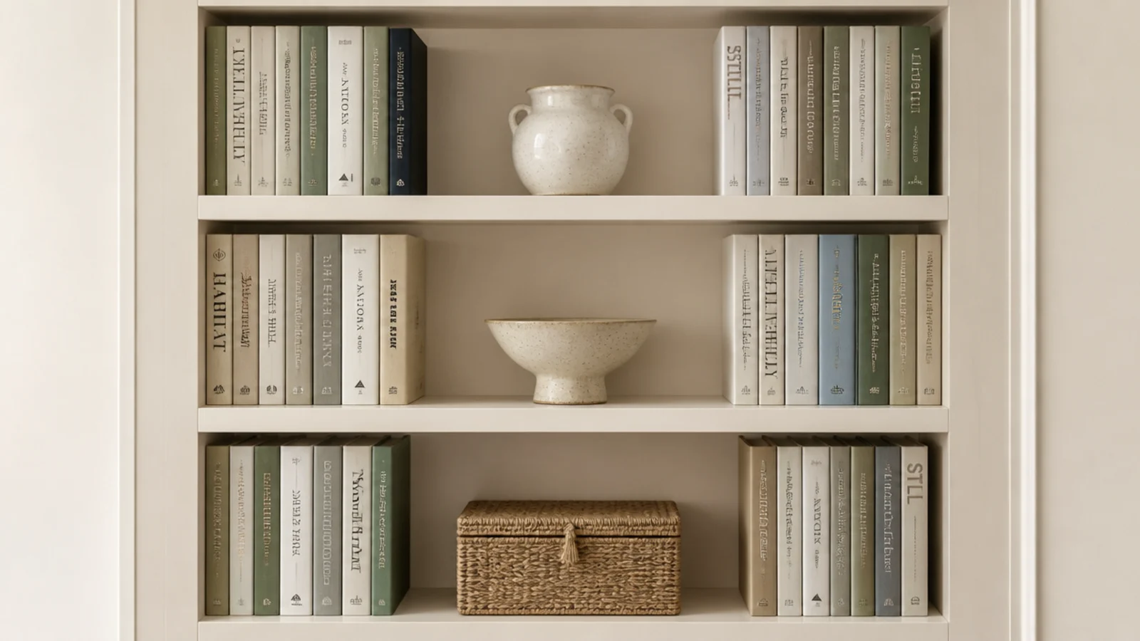 single built in shelf bay balancing book spines, pottery and one lidded basket
