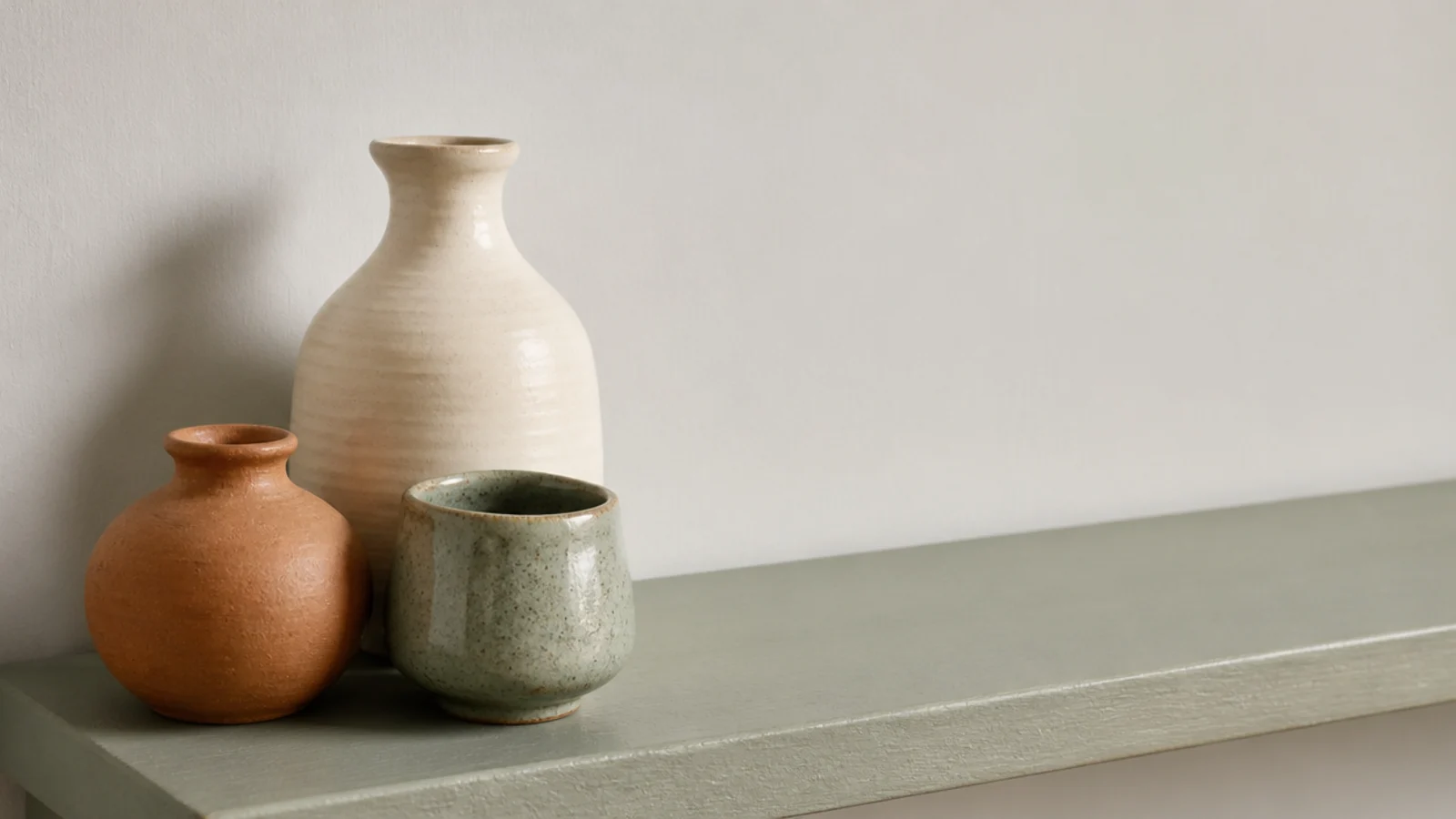 trio of unmatched stoneware vessels grouped on one cream built in shelf