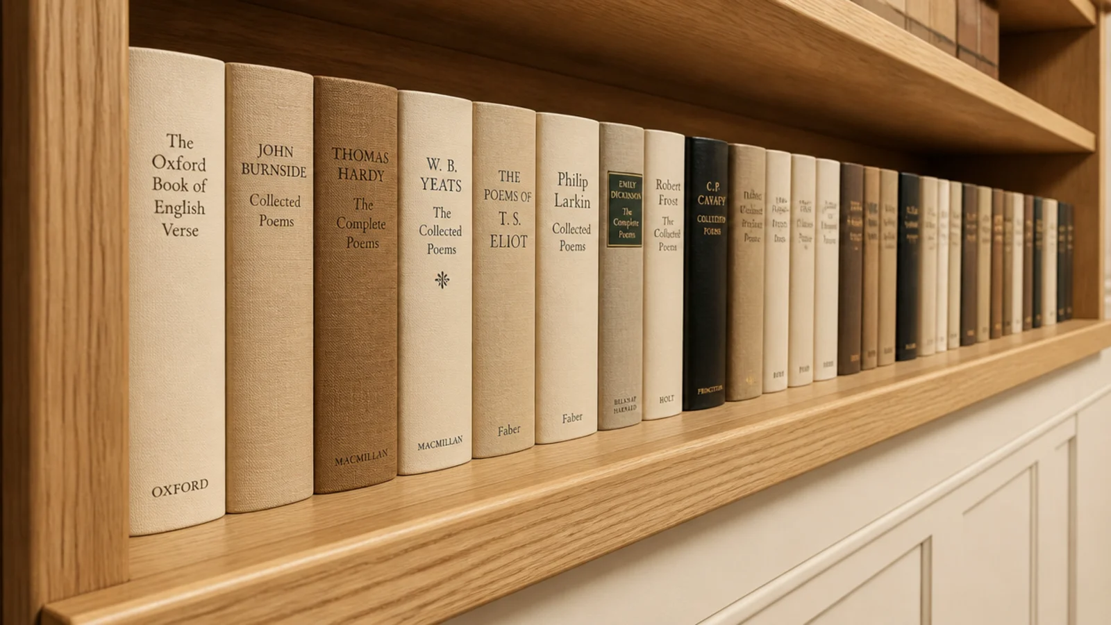 row of book spines aligned to one line inside a deep shelf bay