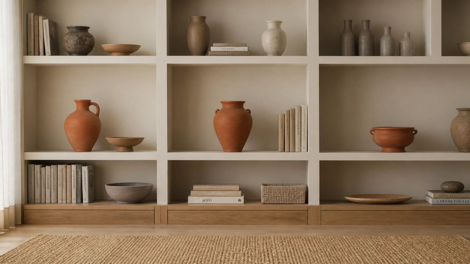 terracotta repeated three times across separate bays of cream built in shelves