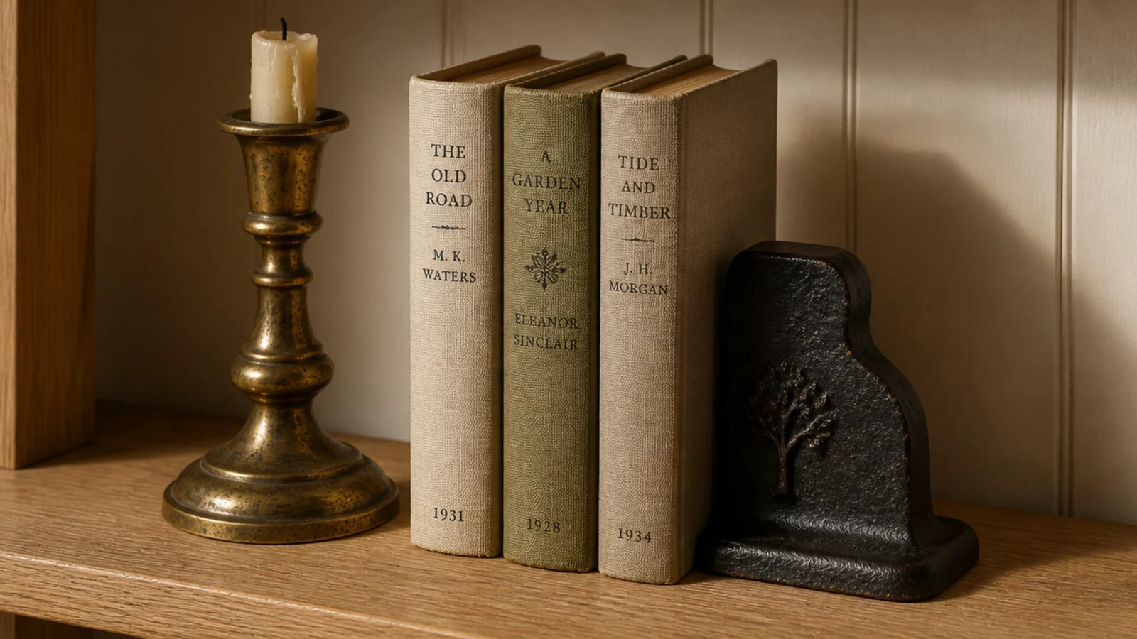 brass candlestick beside a blackened iron bookend on a pale oak shelf