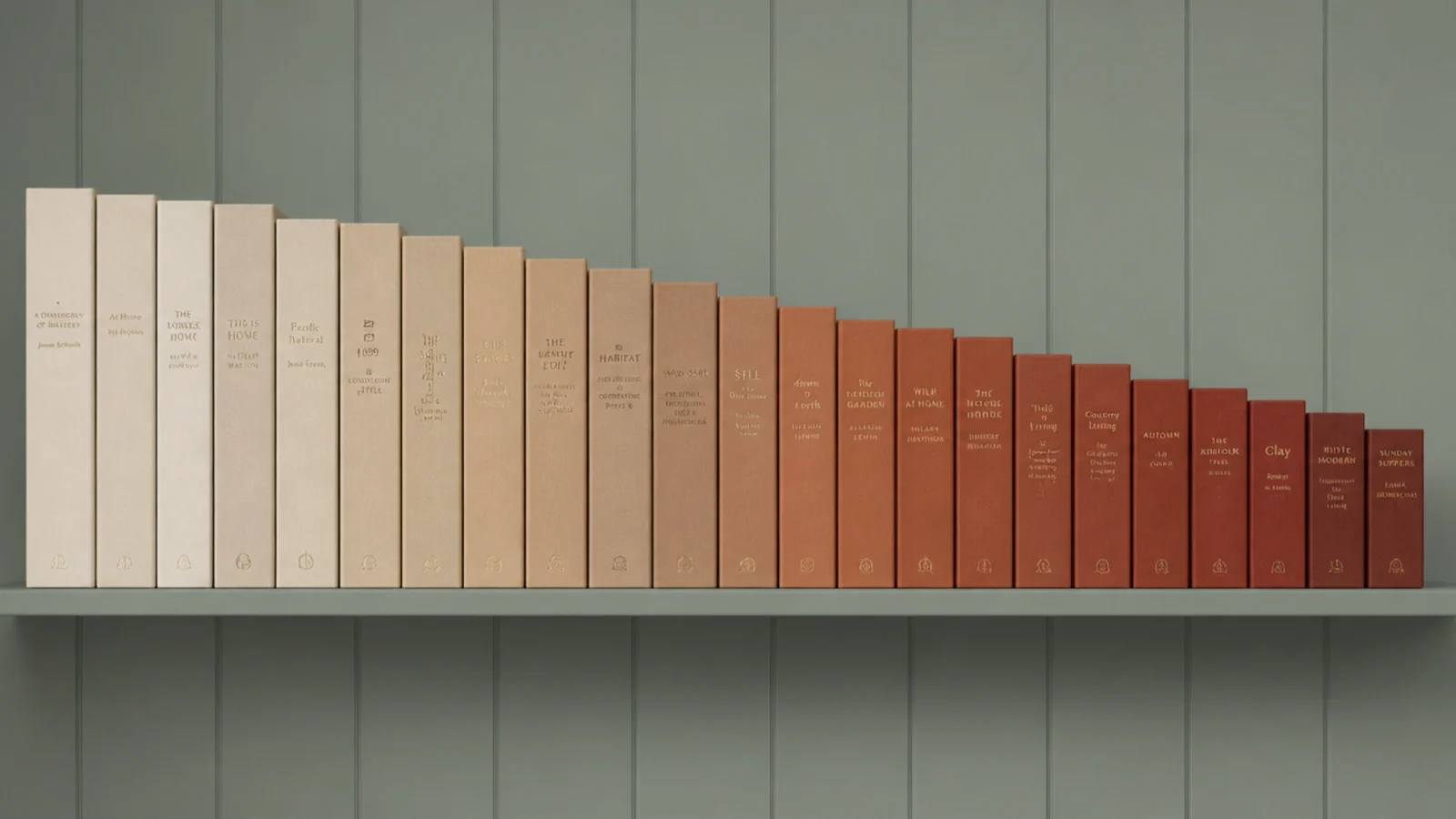 books graded tall to short with spines drifting from cream through rust