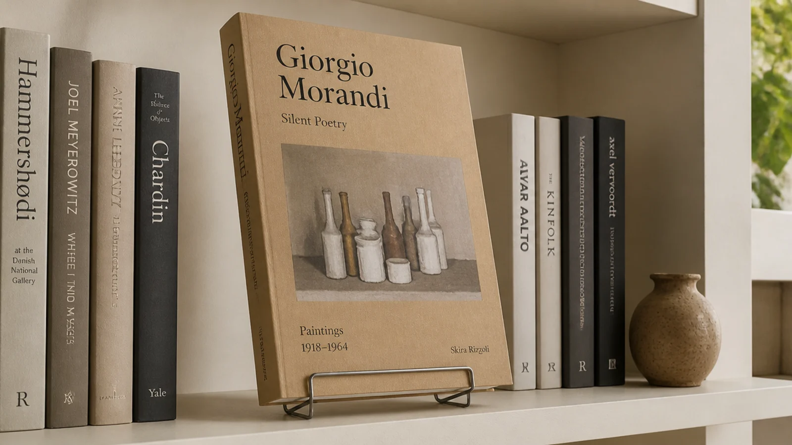 art book propped face out among spine out volumes on a built in shelf