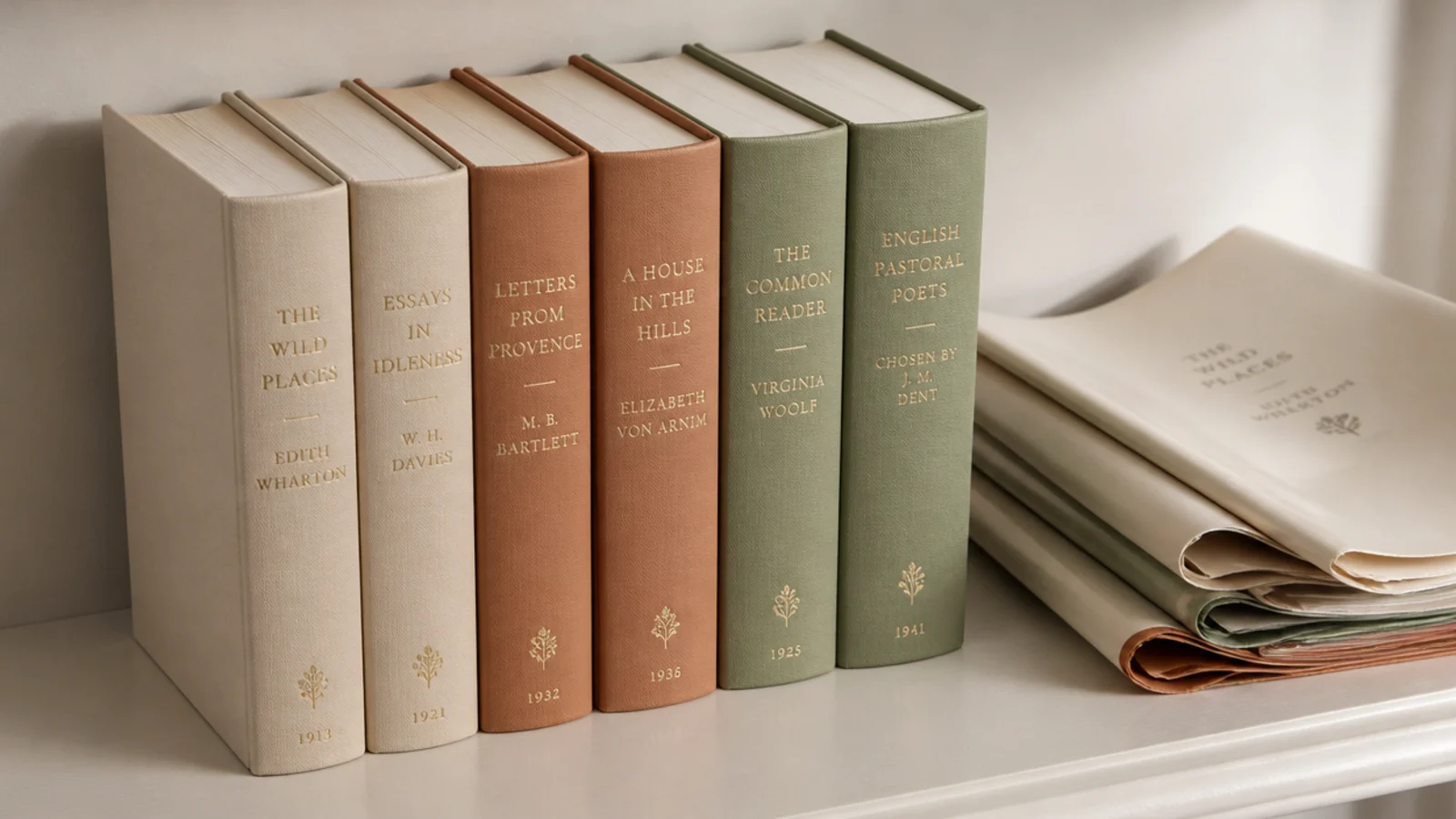 cloth bound hardbacks with their paper jackets removed, stacked on a shelf