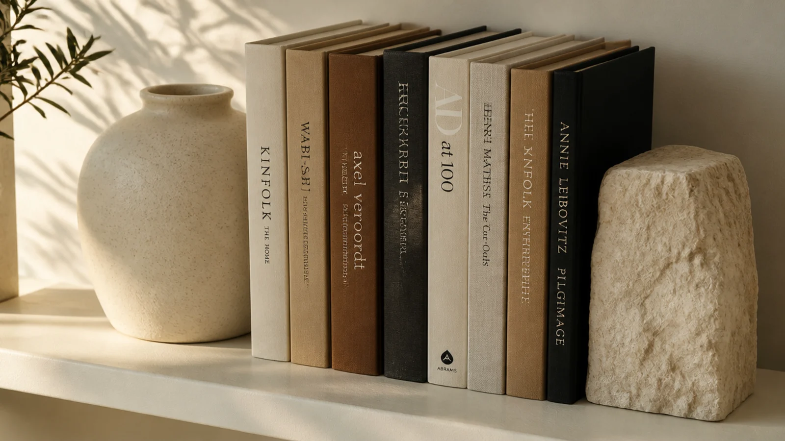 stoneware vessel and limestone block holding a short run of books upright