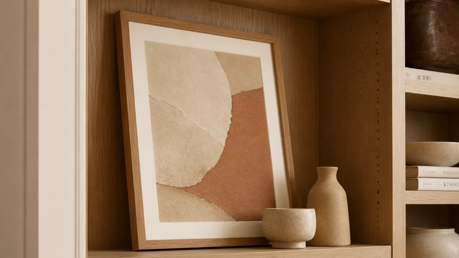 small framed print leaning inside a built in shelf bay behind pottery