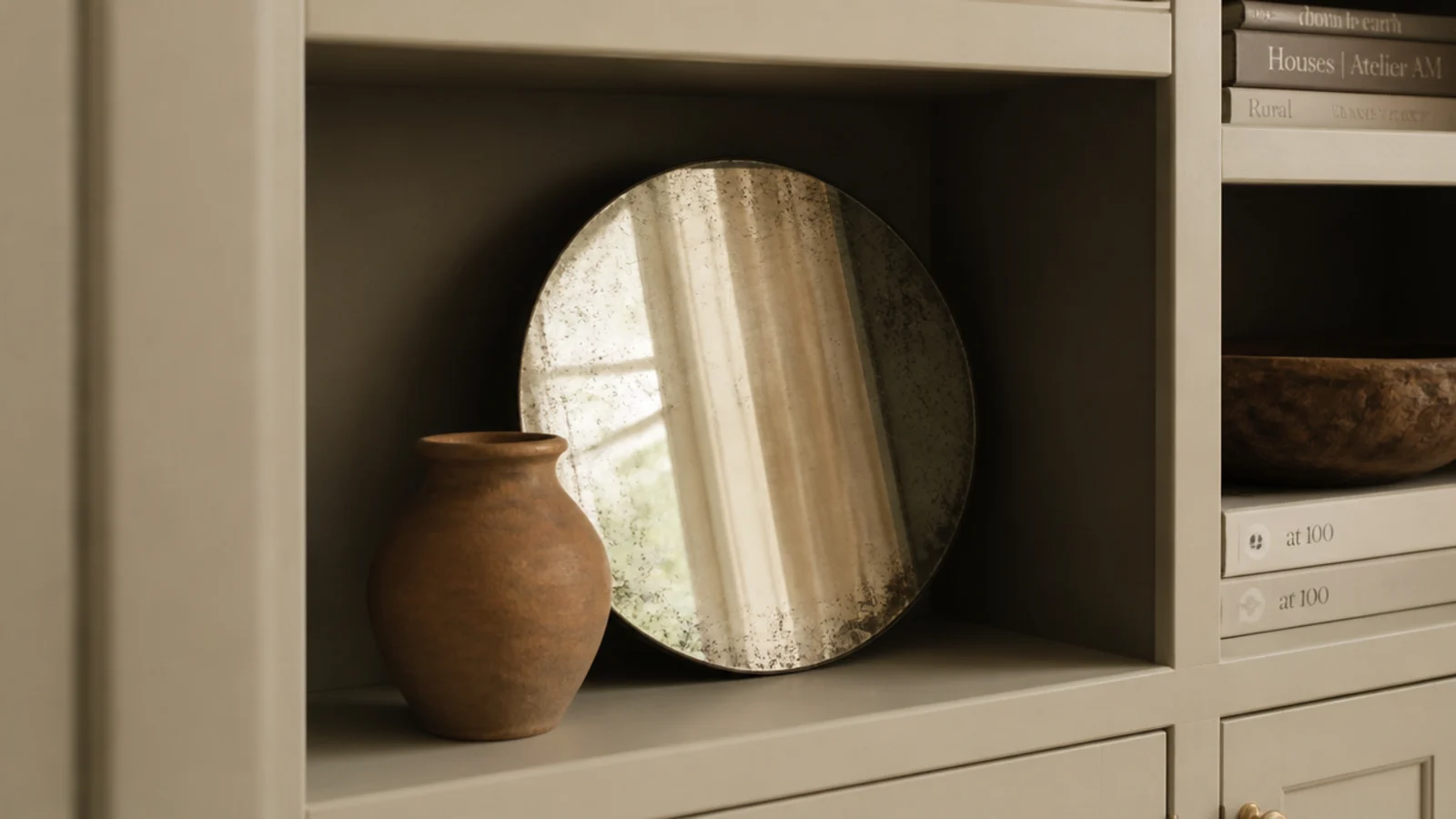 round antique glass mirror set inside one bay of built in shelves