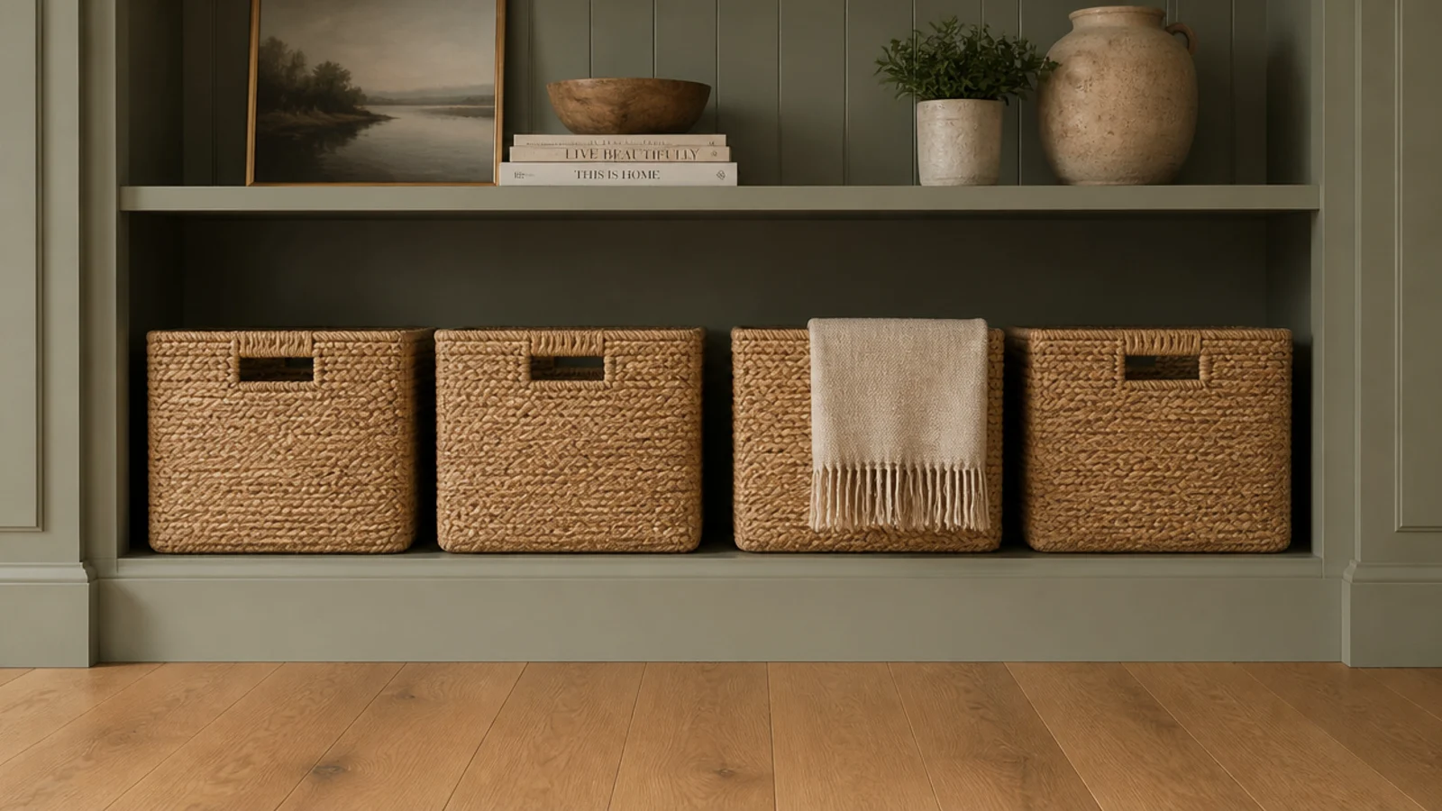 matching jute baskets filling the lowest bay of built in shelves