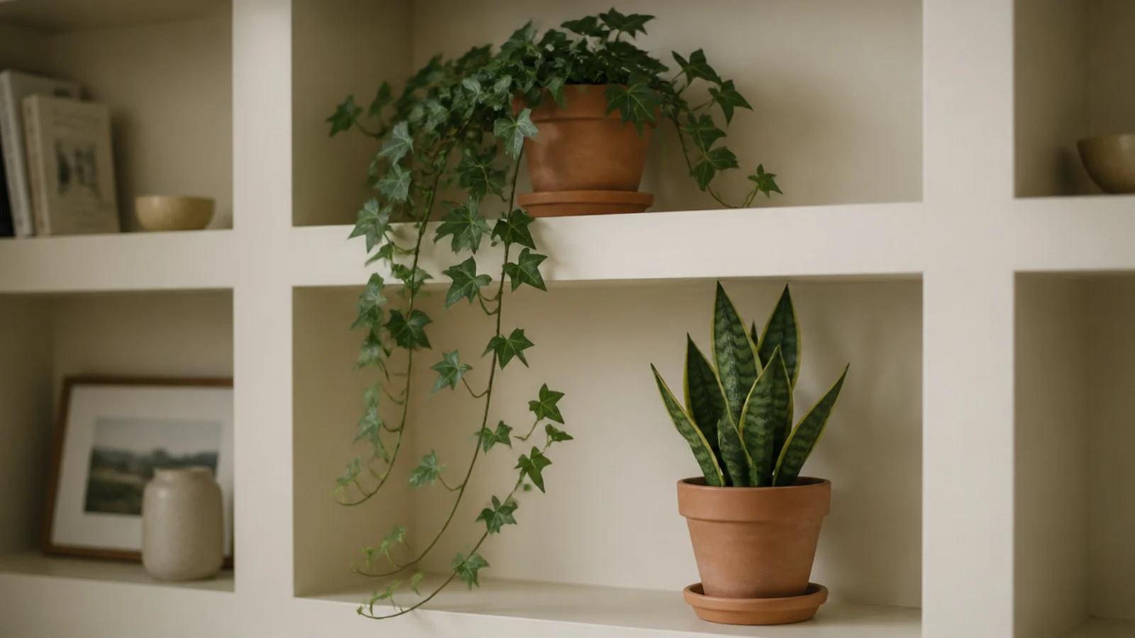 trailing ivy spilling from a high shelf above an upright potted plant