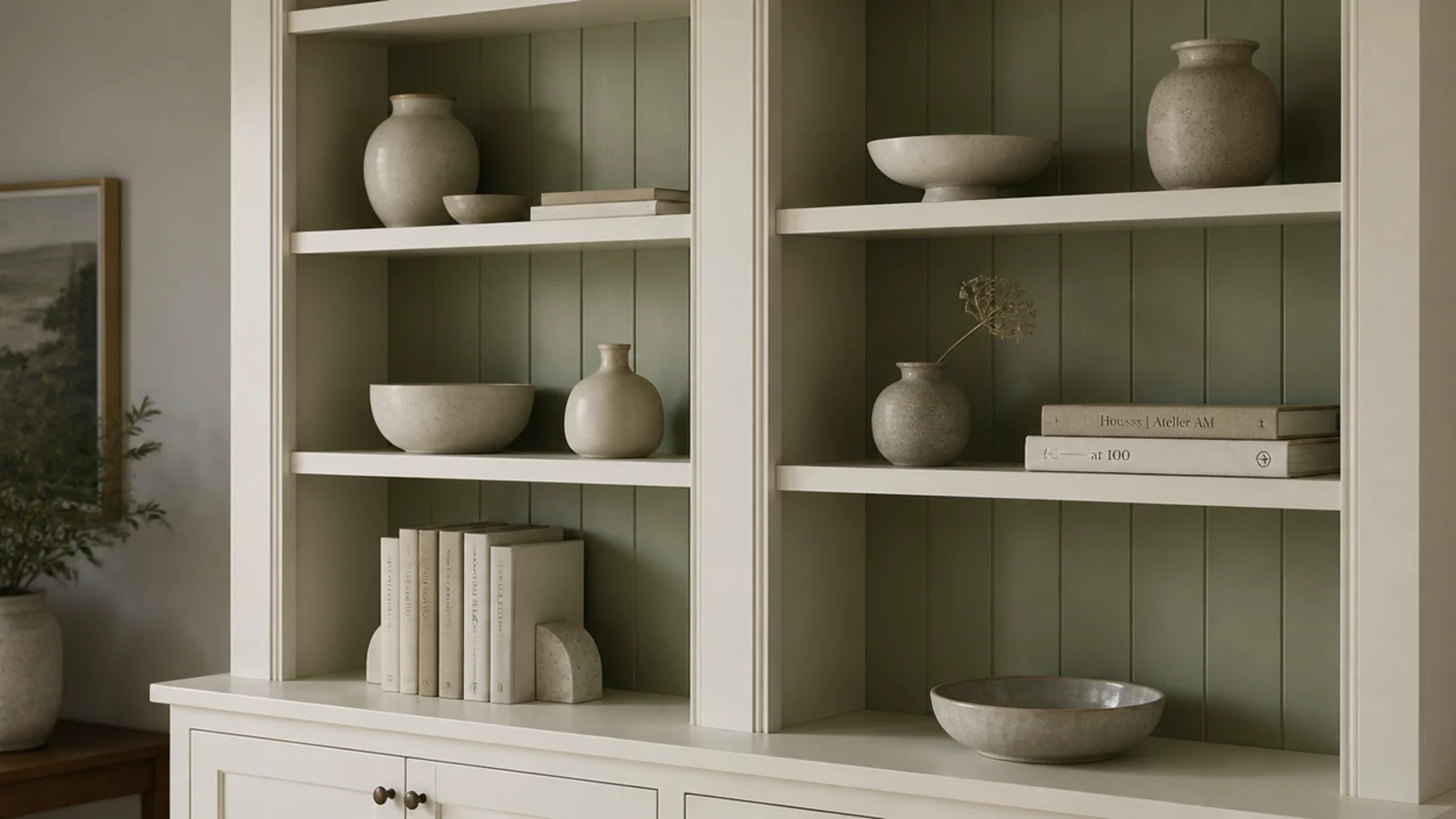 muted sage painted back panels glowing behind pale built in shelves