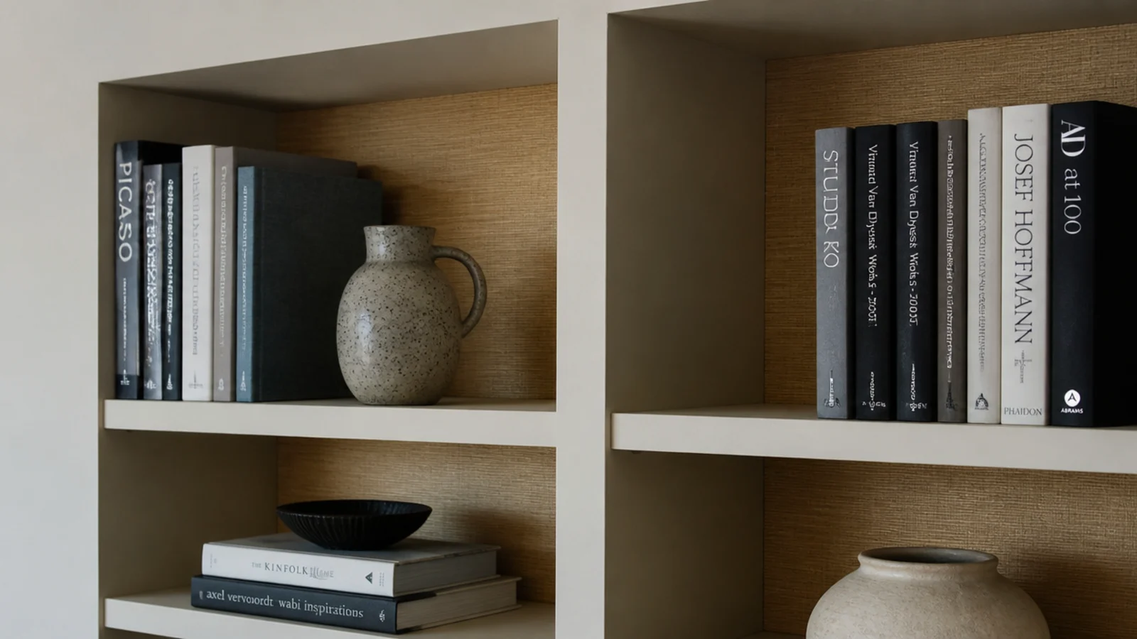 grasscloth wallpaper lining the back of a built in shelf bay