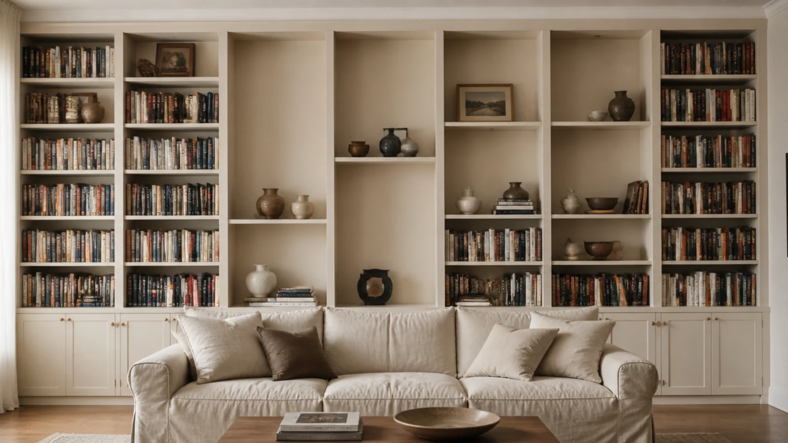 shelving wall where the sparse bays step diagonally across the built ins