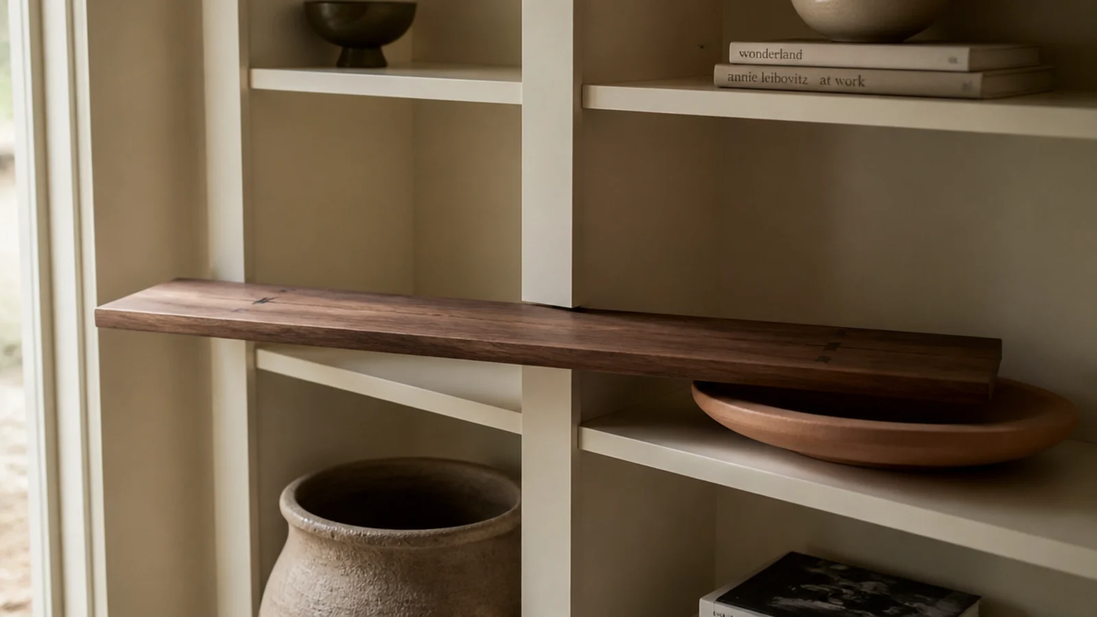 long walnut board leaning across two bays of built in shelving