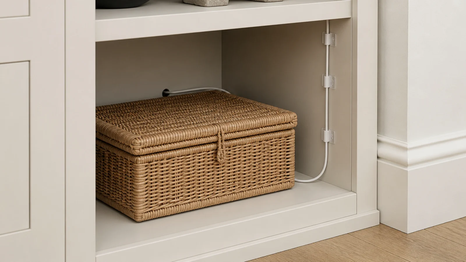 lidded rattan box concealing a router in a low built in bay