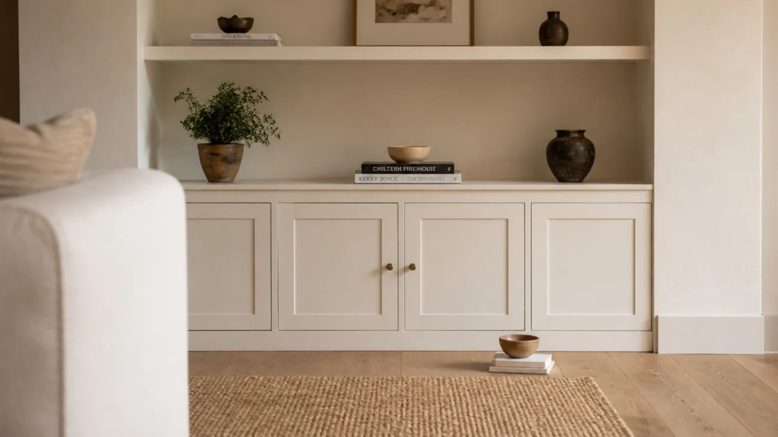 two objects removed from a styled built in shelf and set aside