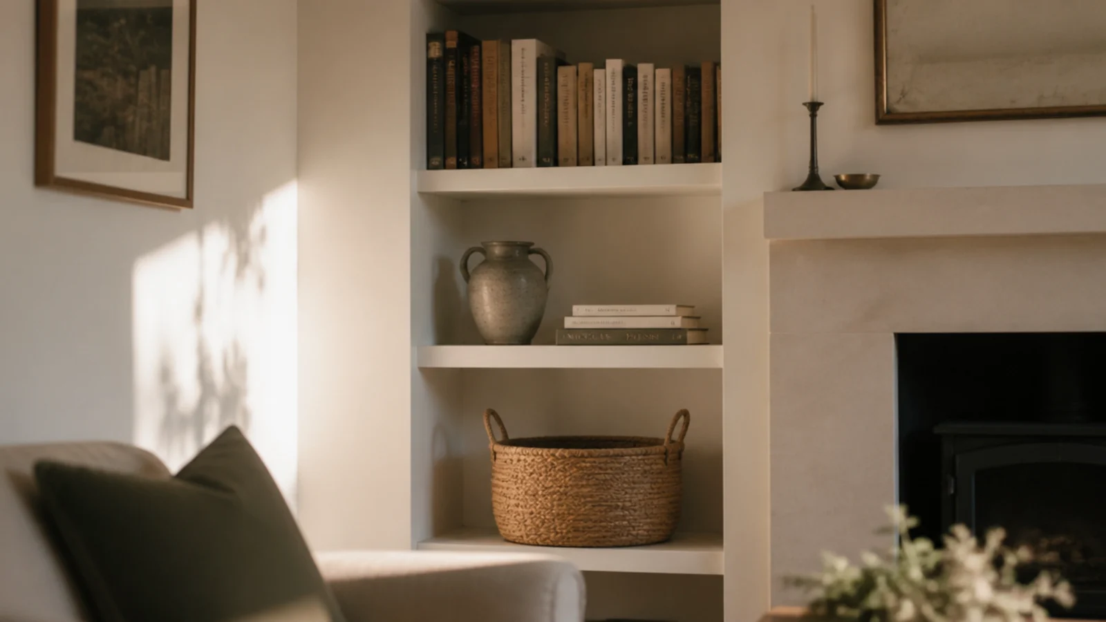 newly built shelving filling a previously empty alcove beside a chimney breast