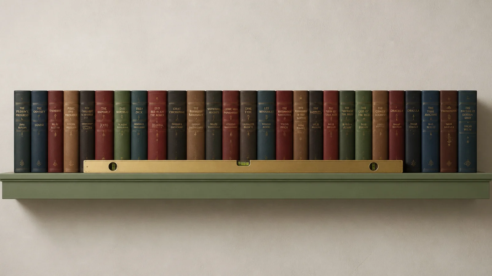 straightened shelf with a thick front lip carrying a full row of books
